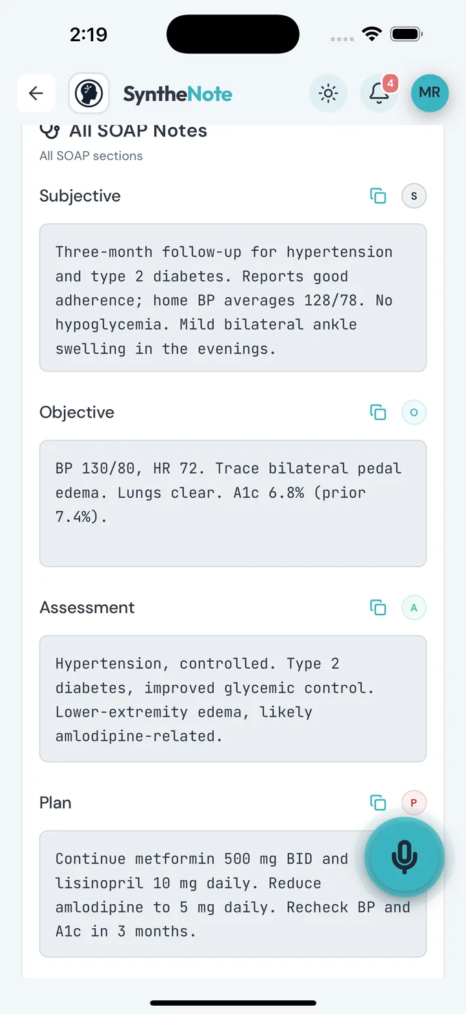 AI Clinical Notes in the SyntheNote app