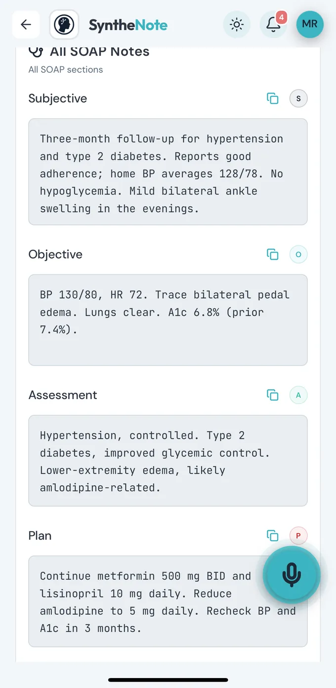 A generated clinical note open in SyntheNote