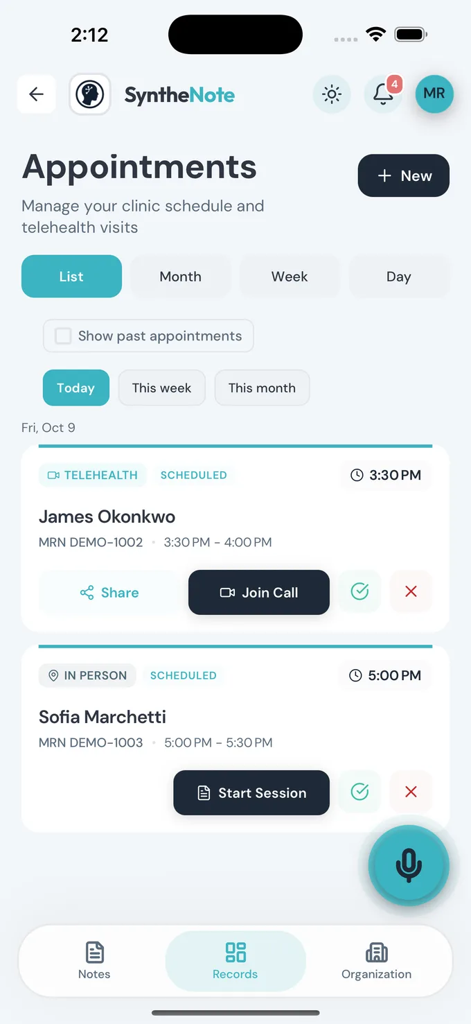 Appointment Scheduling in the SyntheNote app