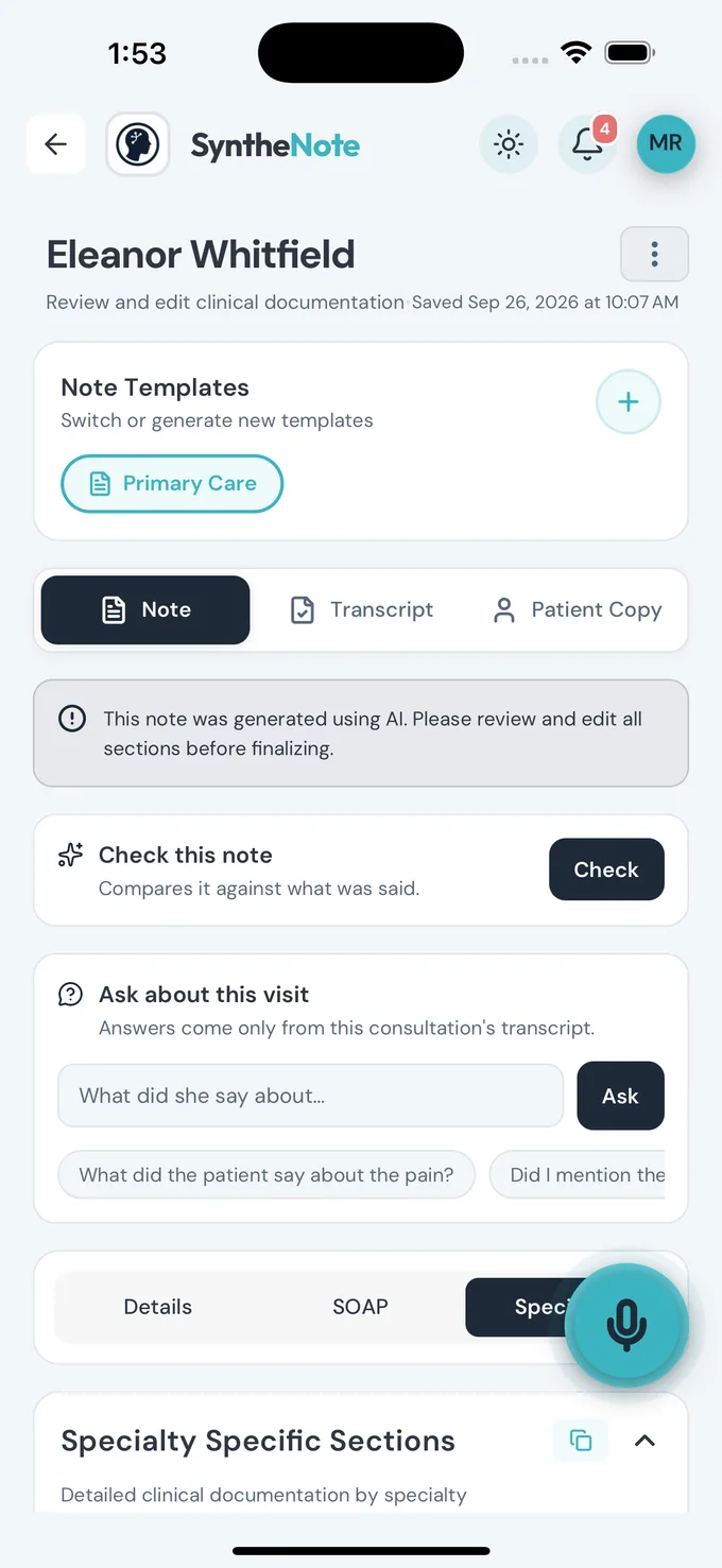 Ask About the Visit in the SyntheNote app