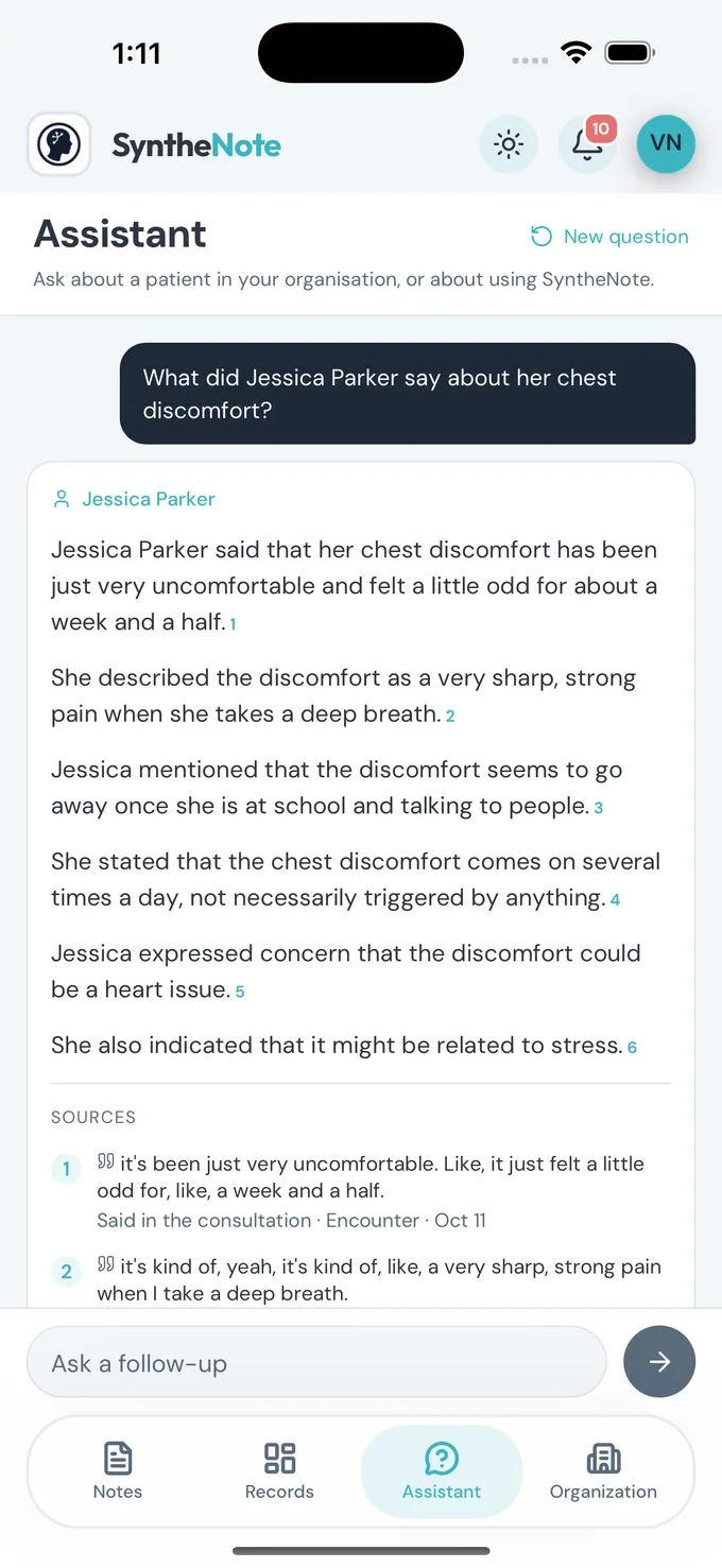 The AI Assistant in the SyntheNote app