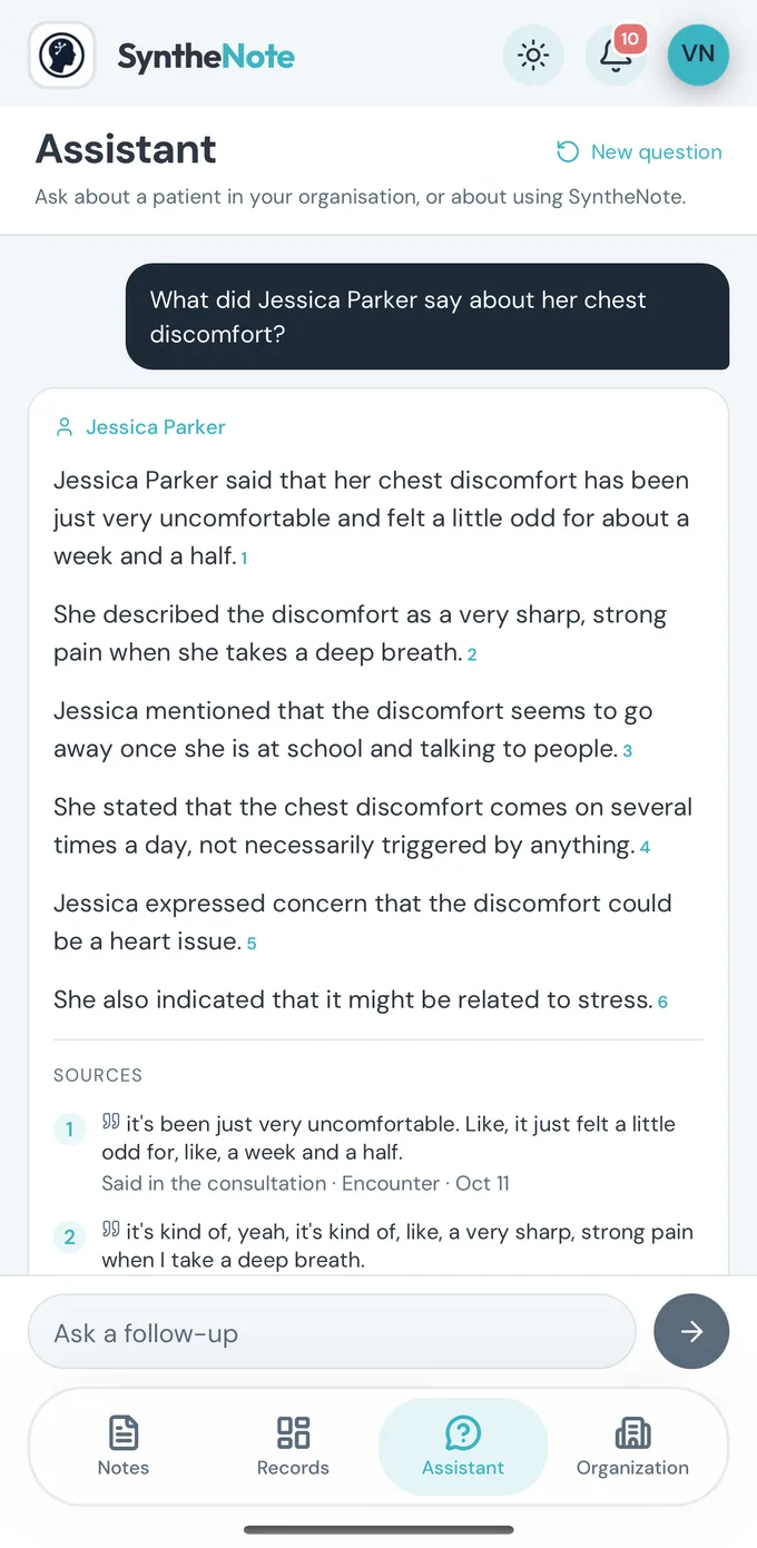 The SyntheNote assistant answering a question about a patient