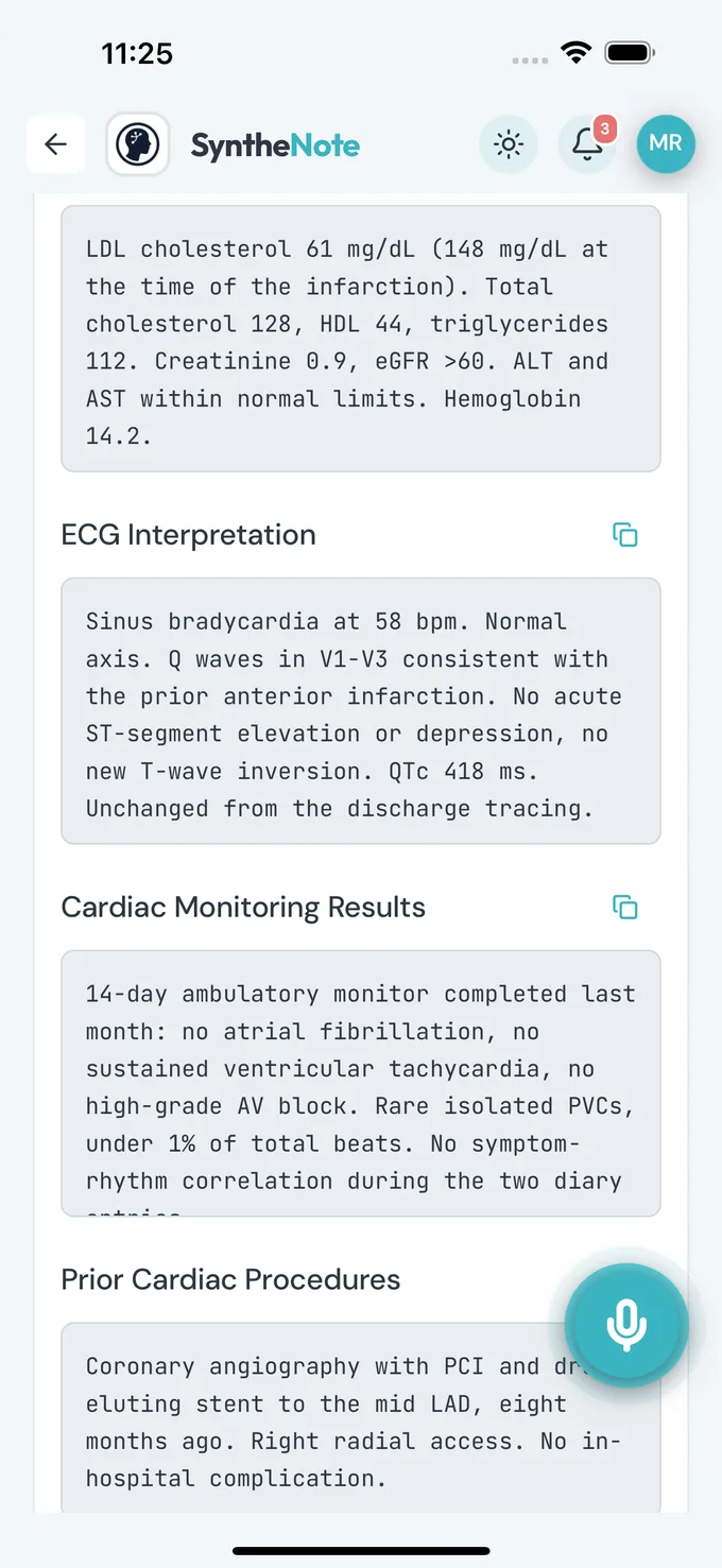 A generated cardiology note in SyntheNote, showing its ECG interpretation and cardiac monitoring sections