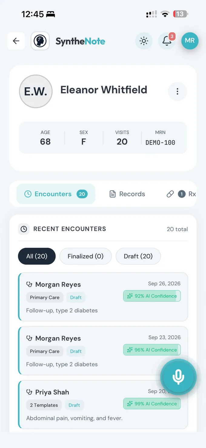 A patient record in SyntheNote, with encounters, records and prescriptions