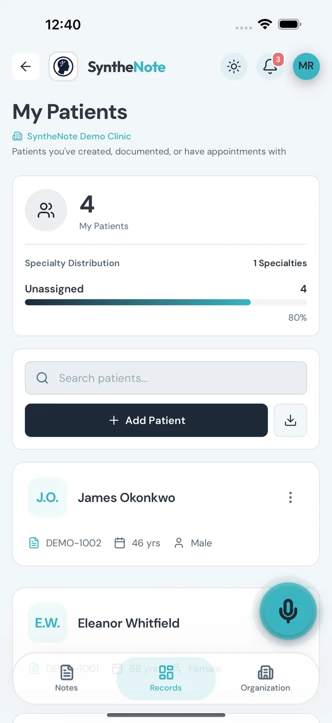 Patient Management in the SyntheNote app