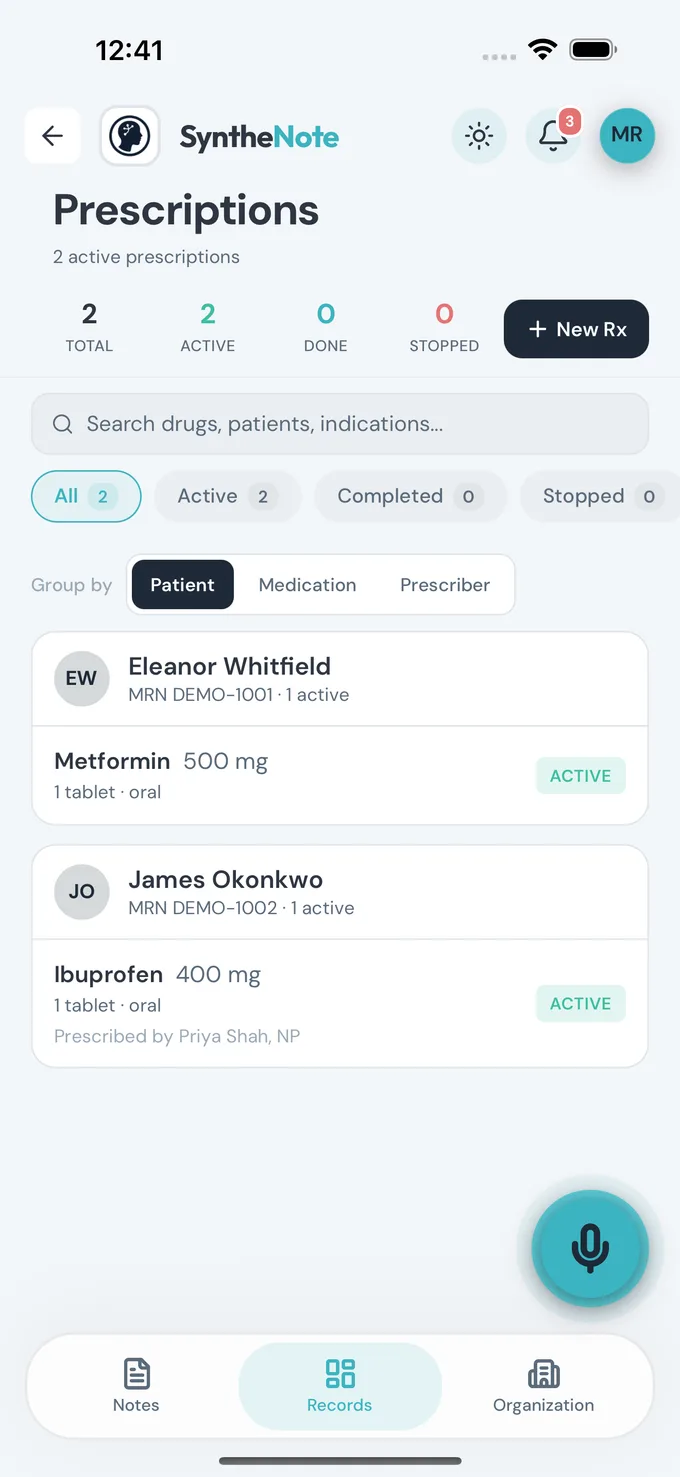 Prescription Management in the SyntheNote app