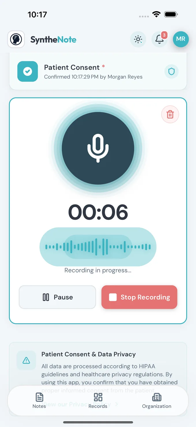 A recording in progress in SyntheNote