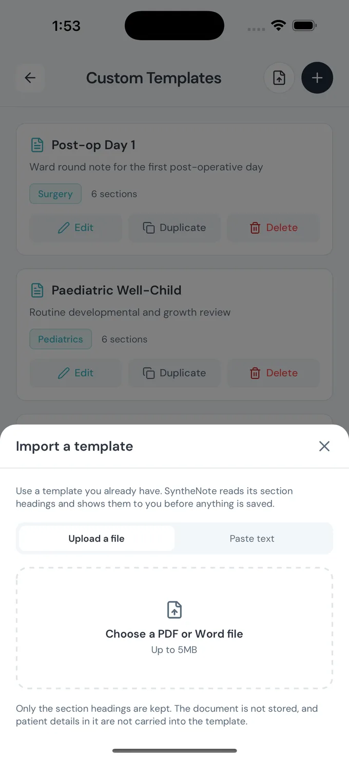 Bring Your Own Template in the SyntheNote app